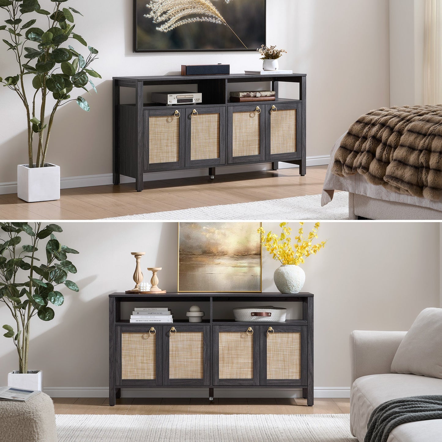 Meuble TV en rotin SICOTAS pour téléviseurs de 65 pouces, centre de divertissement de 29,5 pouces de hauteur avec 4 portes et étagères réglables, meuble console multimédia Boho avec rangement et étagères ouvertes pour salon, chêne blanc crème-WM