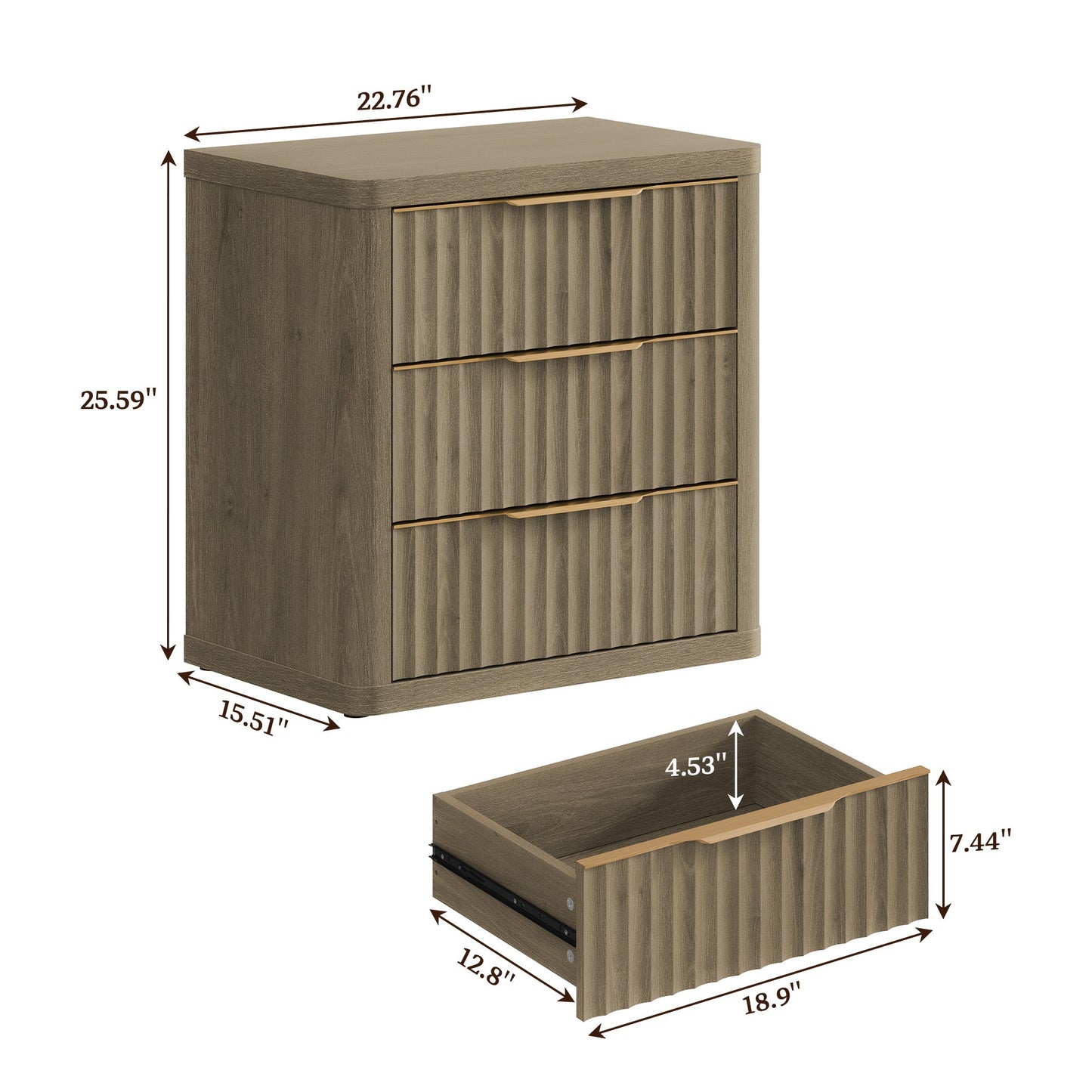 Commode Cas 3 tiroirs, poignée dorée