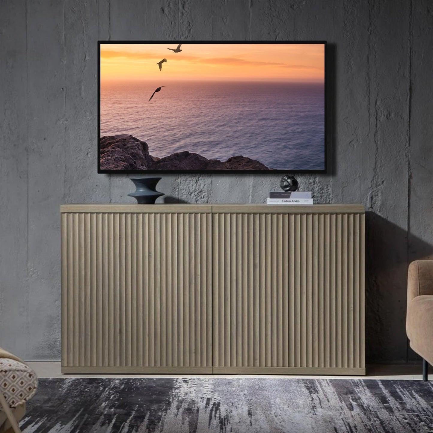 Meuble TV Stria avec rangement jusqu'à 100 téléviseurs