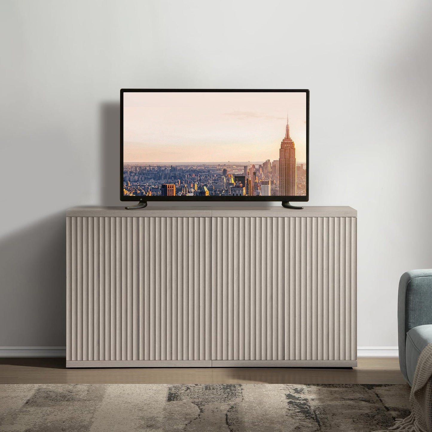 Meuble TV Stria avec rangement jusqu'à 100 téléviseurs