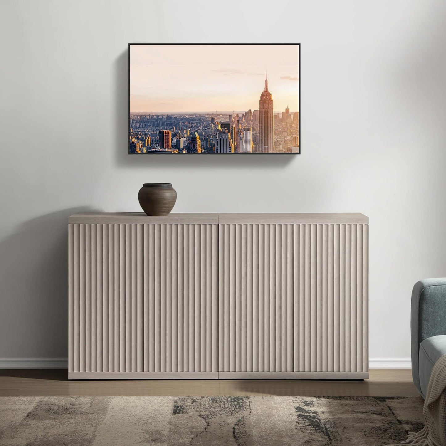 Meuble TV Stria avec rangement jusqu'à 100 téléviseurs