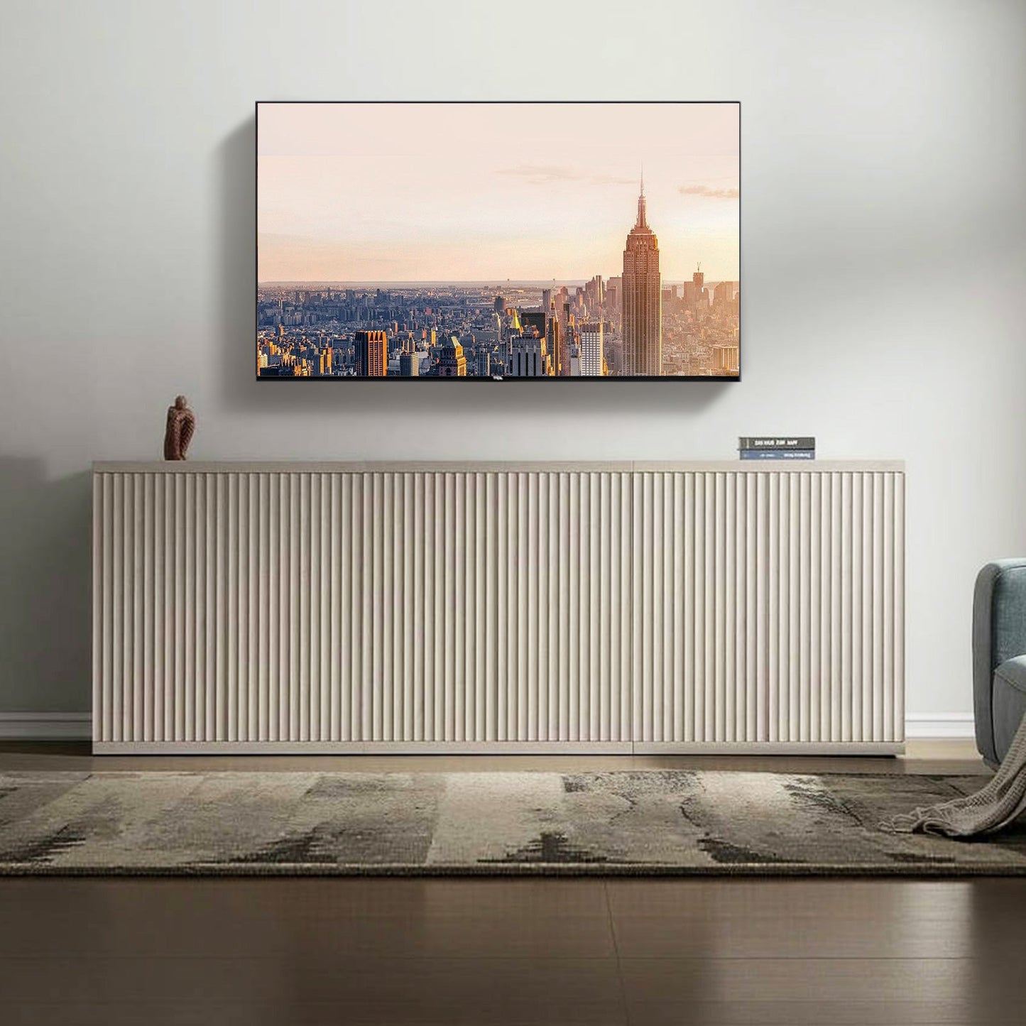 Meuble TV Stria avec rangement jusqu'à 100 téléviseurs
