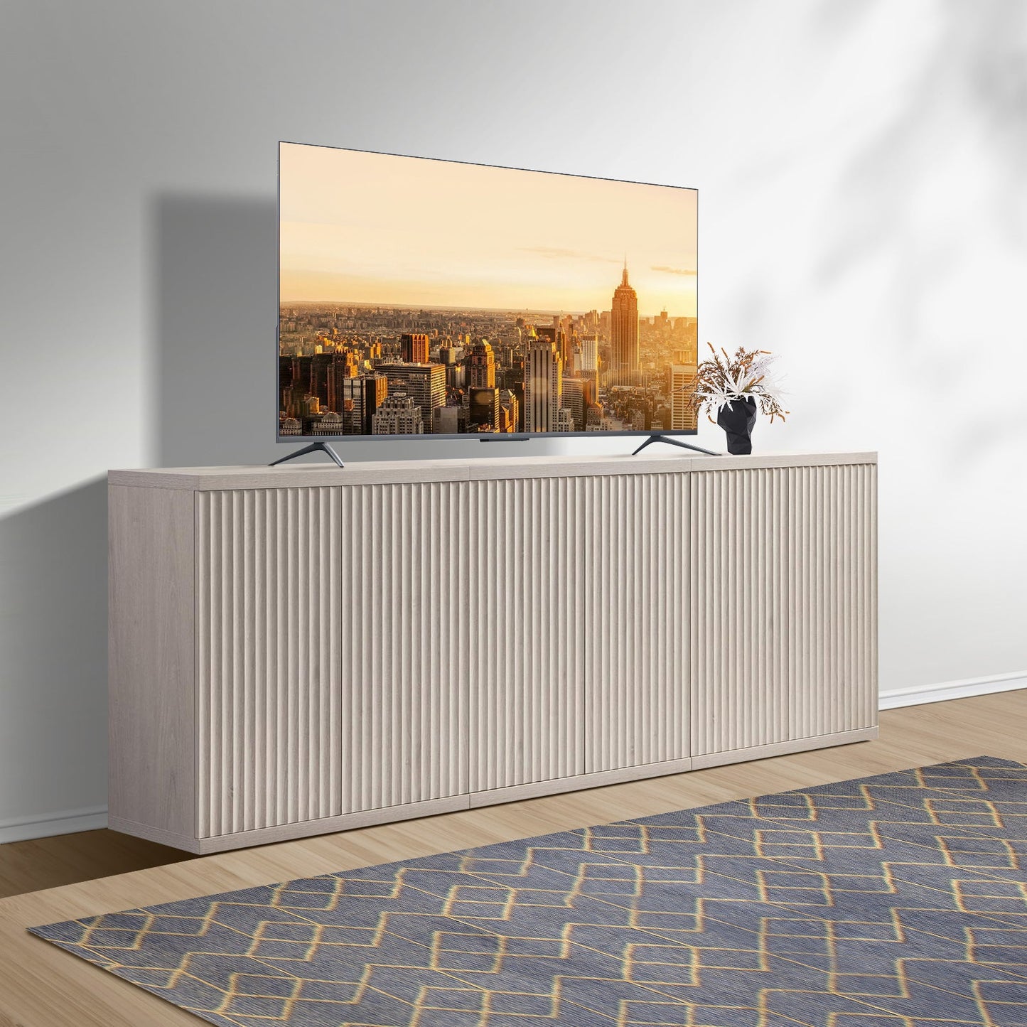 Meuble TV Stria avec rangement jusqu'à 100 téléviseurs