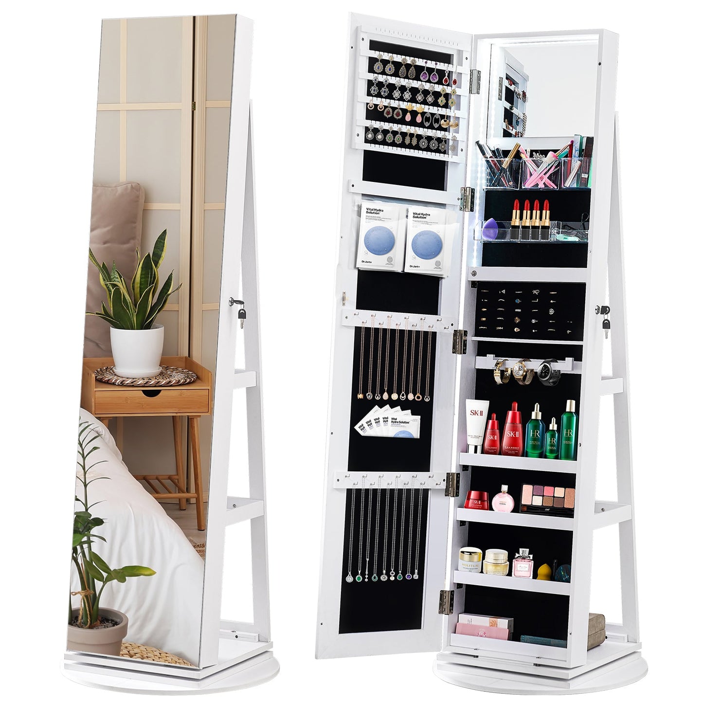 Miroir blanc pleine longueur avec rangement pour bijoux