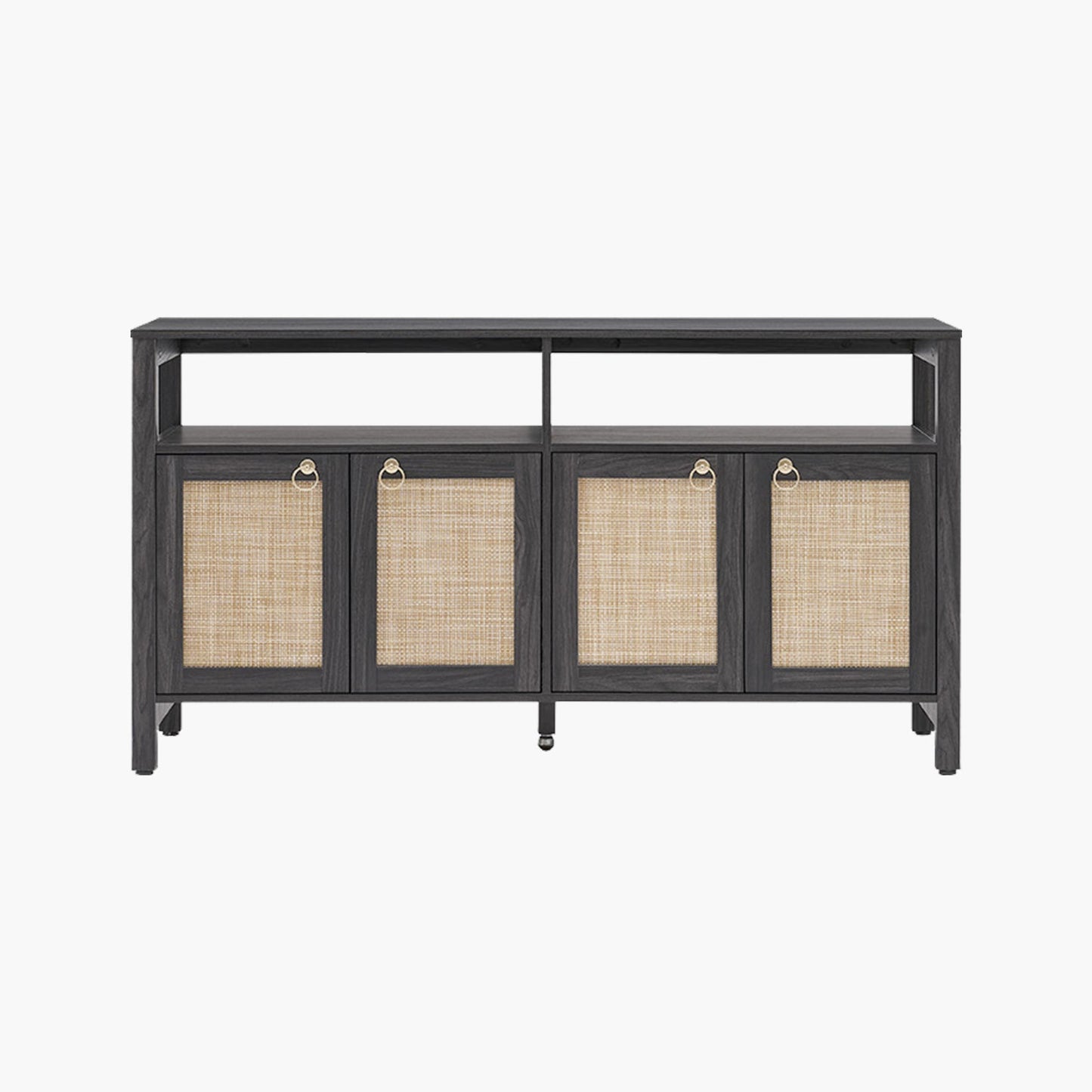 Meuble TV en rotin SICOTAS pour téléviseurs de 65 pouces, centre de divertissement de 29,5 pouces de hauteur avec 4 portes et étagères réglables, meuble console multimédia Boho avec rangement et étagères ouvertes pour salon, chêne blanc crème-WM