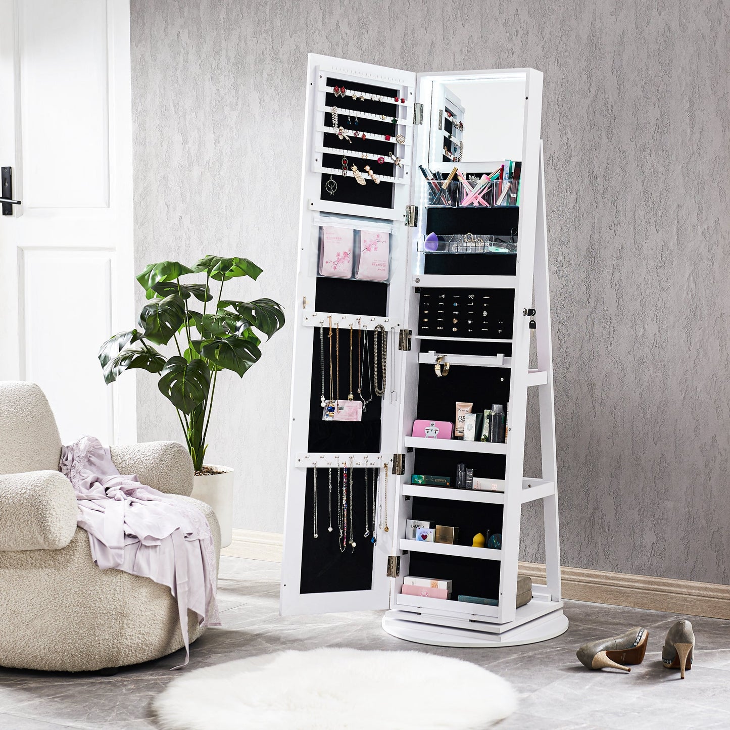 Miroir blanc pleine longueur avec rangement pour bijoux