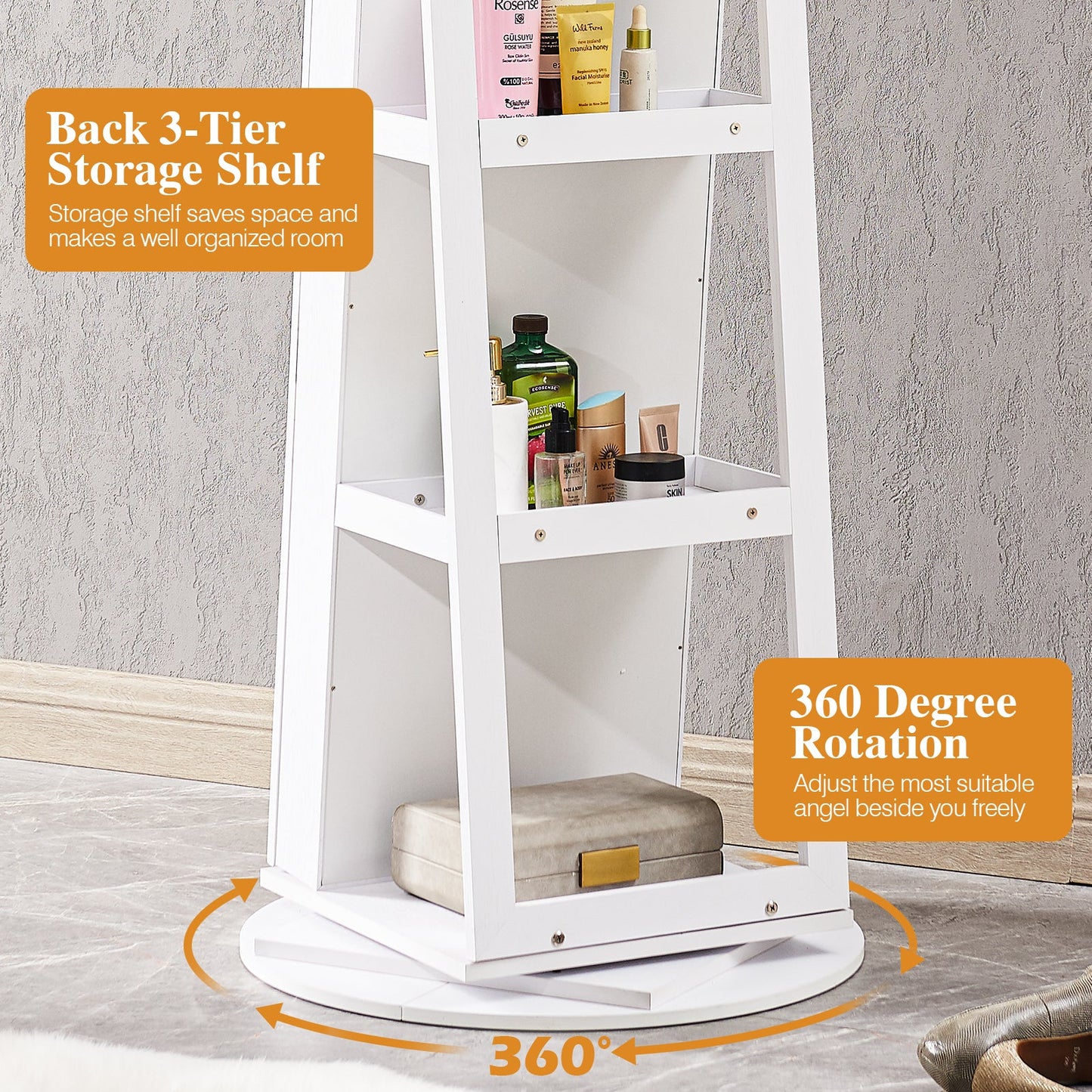 Miroir blanc pleine longueur avec rangement pour bijoux