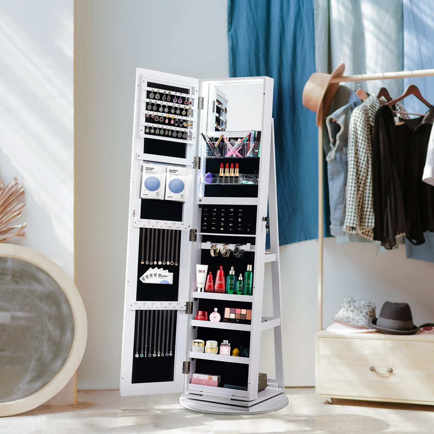 Miroir blanc pleine longueur avec rangement pour bijoux