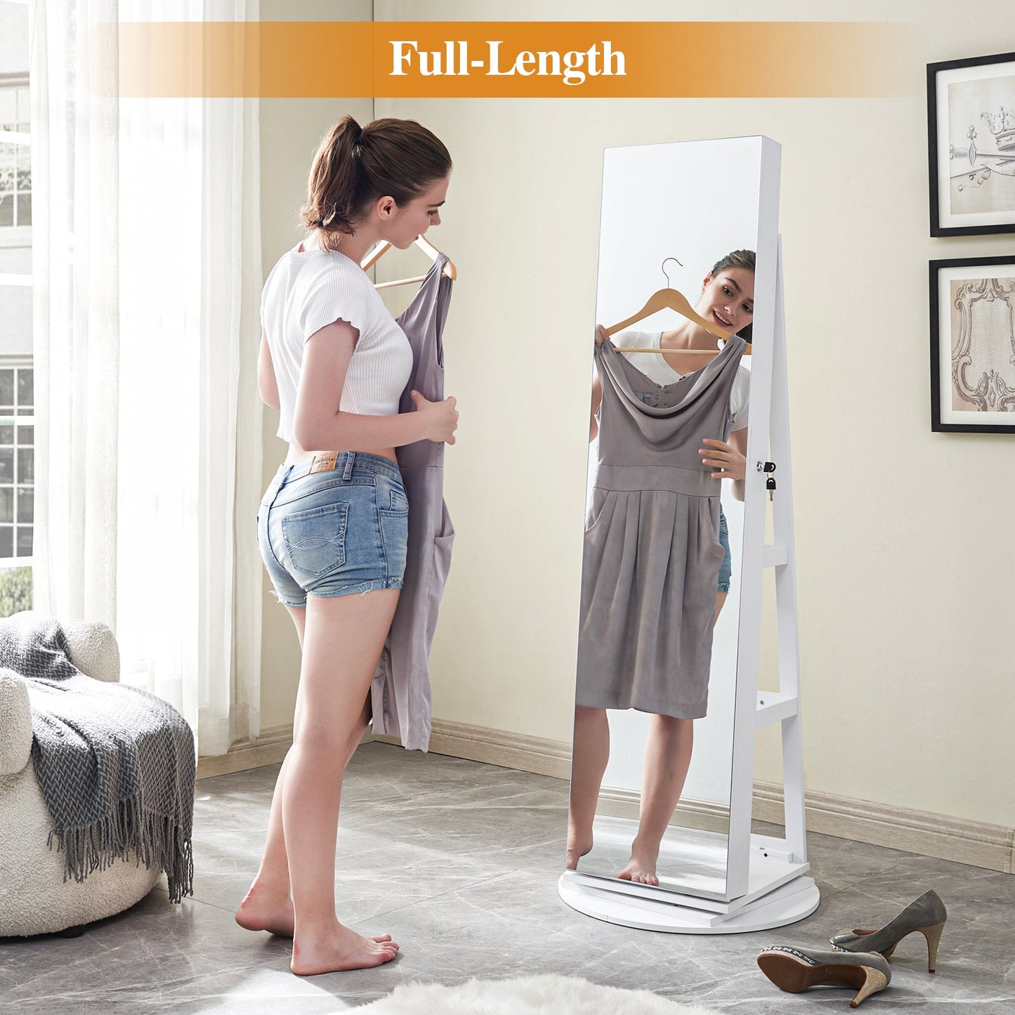 Miroir blanc pleine longueur avec rangement pour bijoux