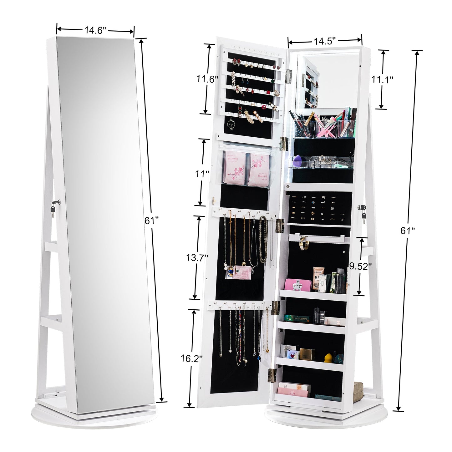 Miroir blanc pleine longueur avec rangement pour bijoux