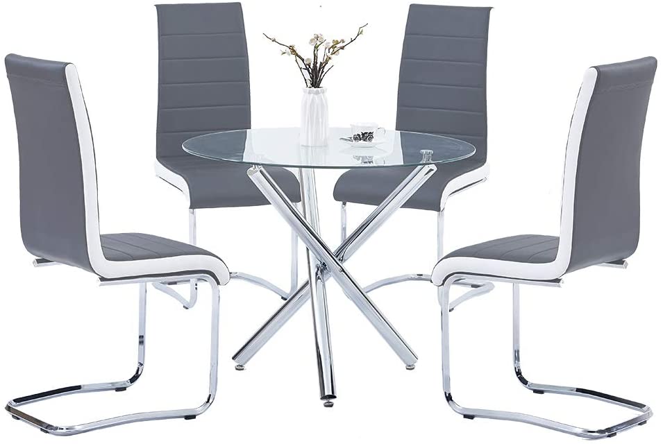 Ensemble de 5 tables à manger - Table ronde en verre et 4 chaises