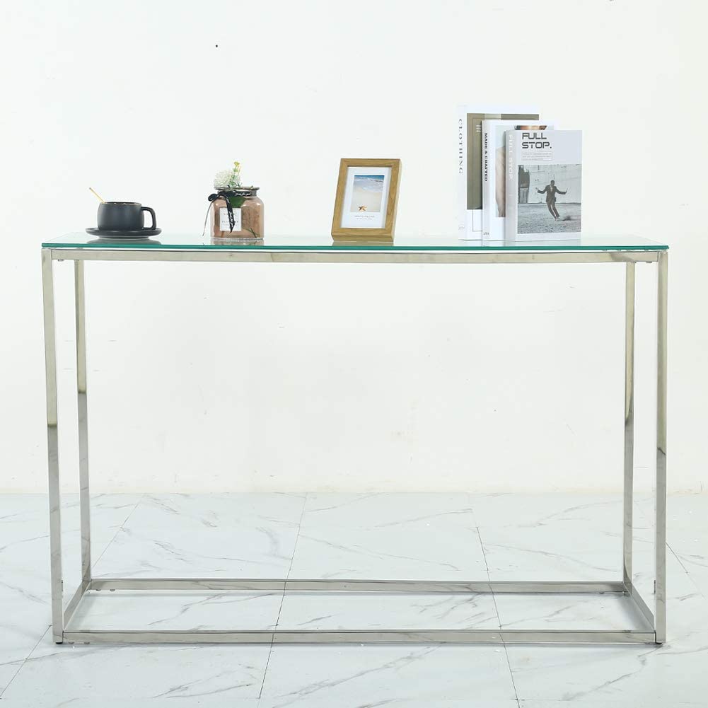 Table d'entrée avec cadre en métal chromé et plateau en verre