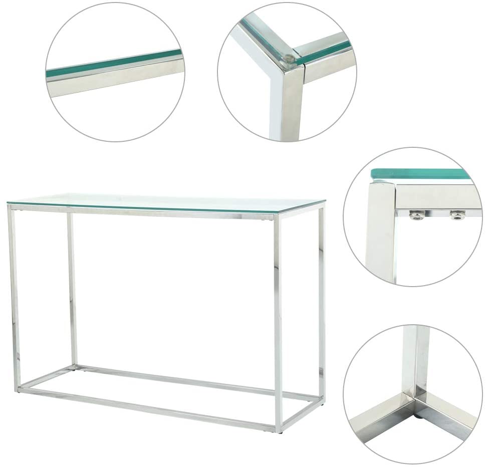 Table d'entrée avec cadre en métal chromé et plateau en verre