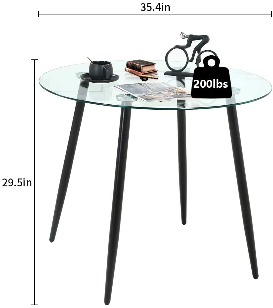 Table à manger ronde avec plateau en verre de 35 po
