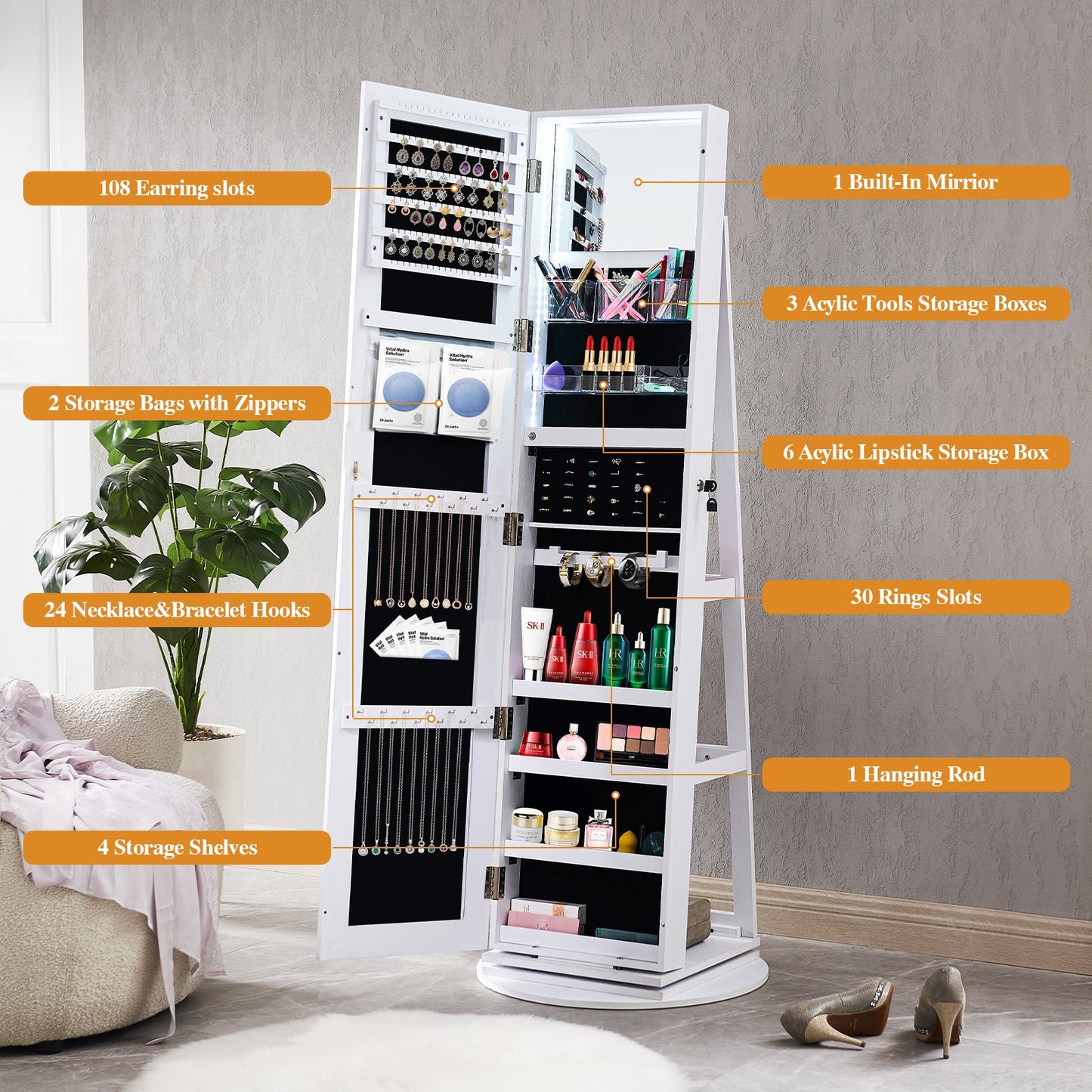 Miroir blanc pleine longueur avec rangement pour bijoux