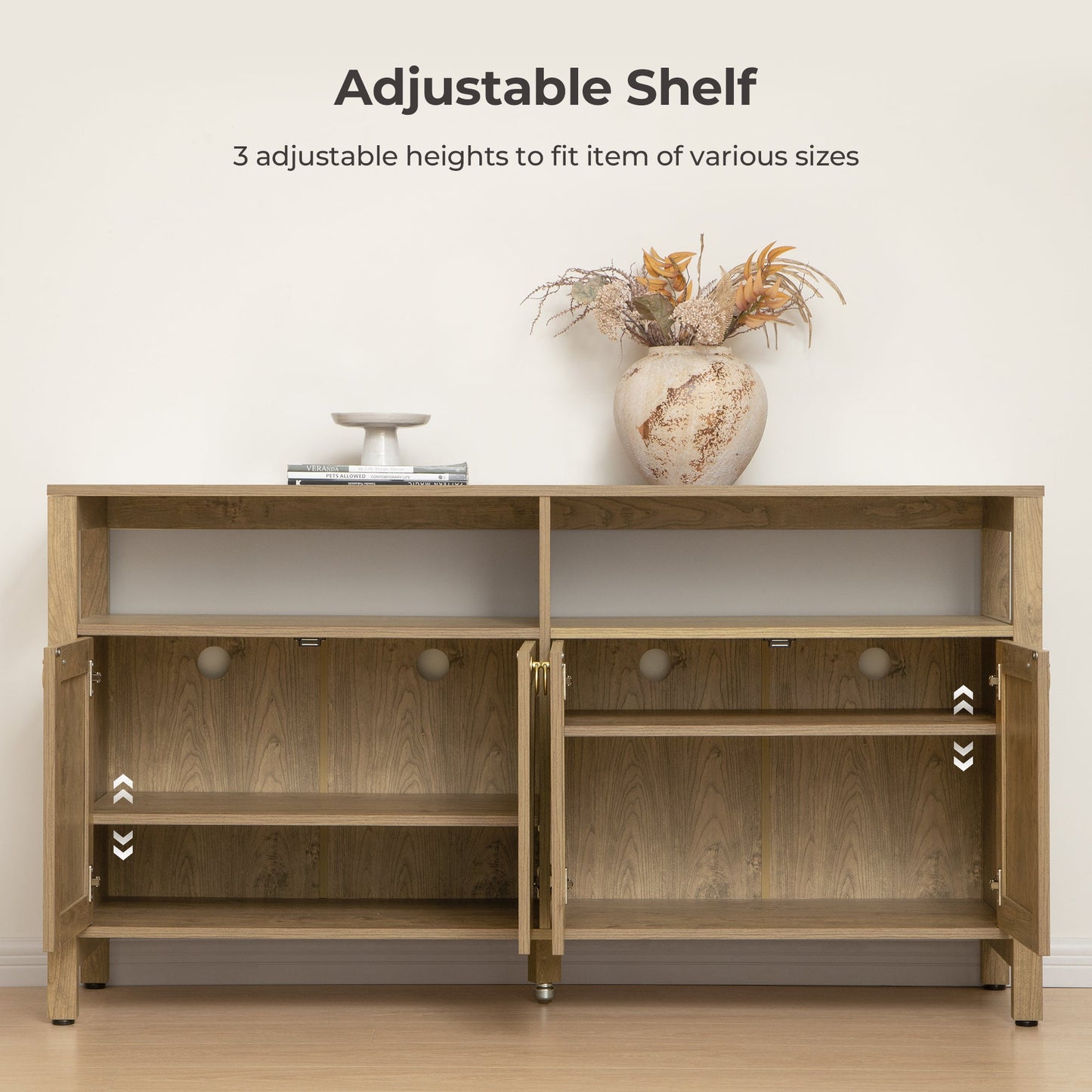 Meuble TV en rotin SICOTAS pour téléviseurs de 65 pouces, centre de divertissement de 29,5 pouces de hauteur avec 4 portes et étagères réglables, meuble console multimédia Boho avec rangement et étagères ouvertes pour salon, chêne blanc crème-WM