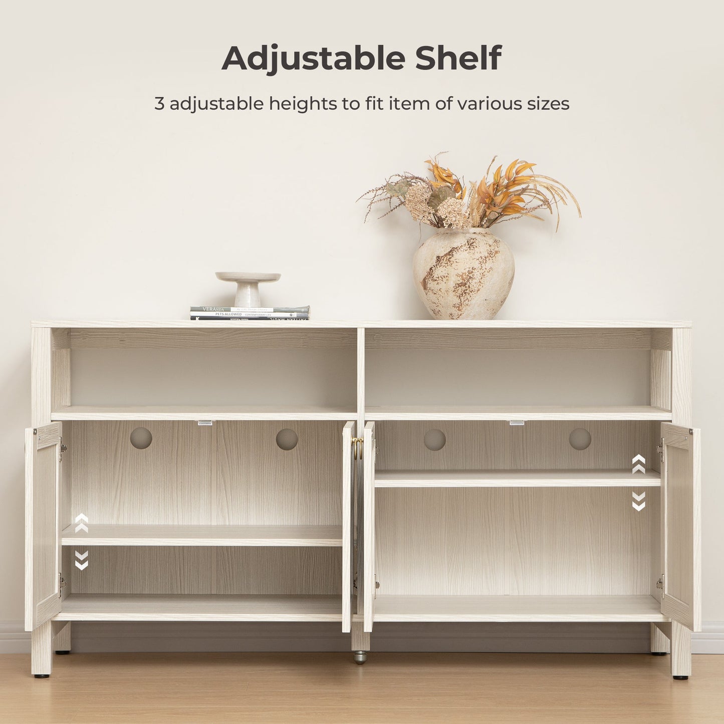Meuble TV en rotin SICOTAS pour téléviseurs de 65 pouces, centre de divertissement de 29,5 pouces de hauteur avec 4 portes et étagères réglables, meuble console multimédia Boho avec rangement et étagères ouvertes pour salon, chêne blanc crème-WM