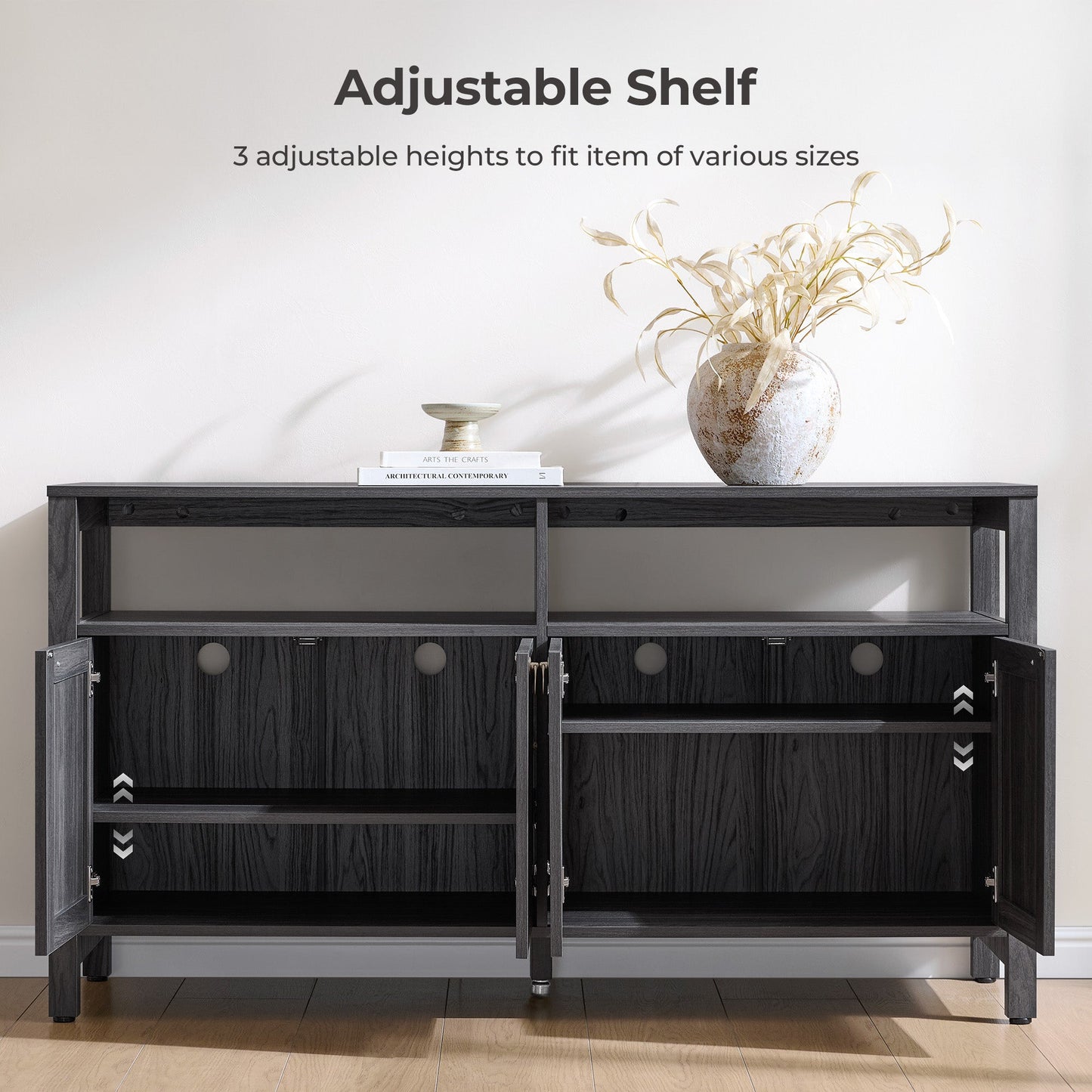 Meuble TV en rotin SICOTAS pour téléviseurs de 65 pouces, centre de divertissement de 29,5 pouces de hauteur avec 4 portes et étagères réglables, meuble console multimédia Boho avec rangement et étagères ouvertes pour salon, chêne blanc crème-WM