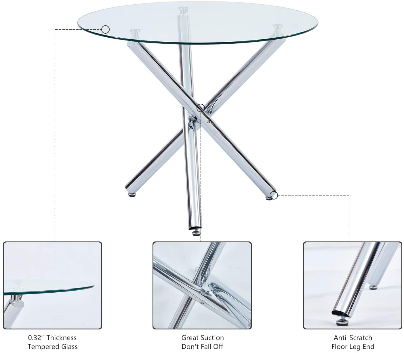Ensembles de tables à manger 3/5 - Table ronde en verre avec 2/4 chaises
