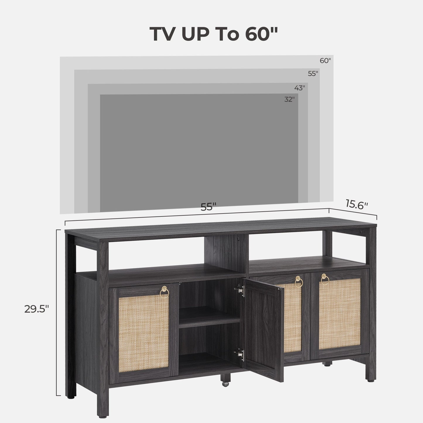 Meuble TV en rotin SICOTAS pour téléviseurs de 65 pouces, centre de divertissement de 29,5 pouces de hauteur avec 4 portes et étagères réglables, meuble console multimédia Boho avec rangement et étagères ouvertes pour salon, chêne blanc crème-WM
