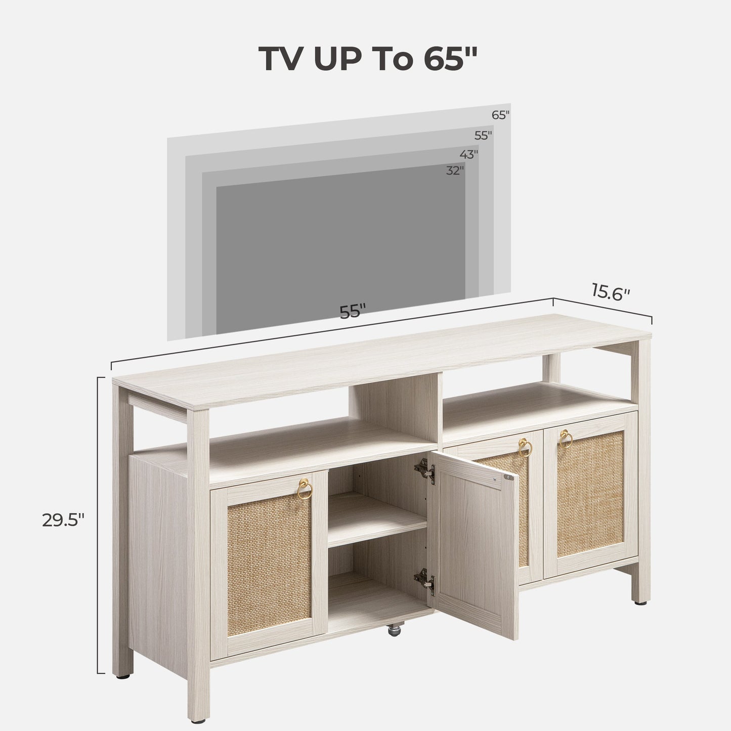 Meuble TV en rotin SICOTAS pour téléviseurs de 65 pouces, centre de divertissement de 29,5 pouces de hauteur avec 4 portes et étagères réglables, meuble console multimédia Boho avec rangement et étagères ouvertes pour salon, chêne blanc crème-WM