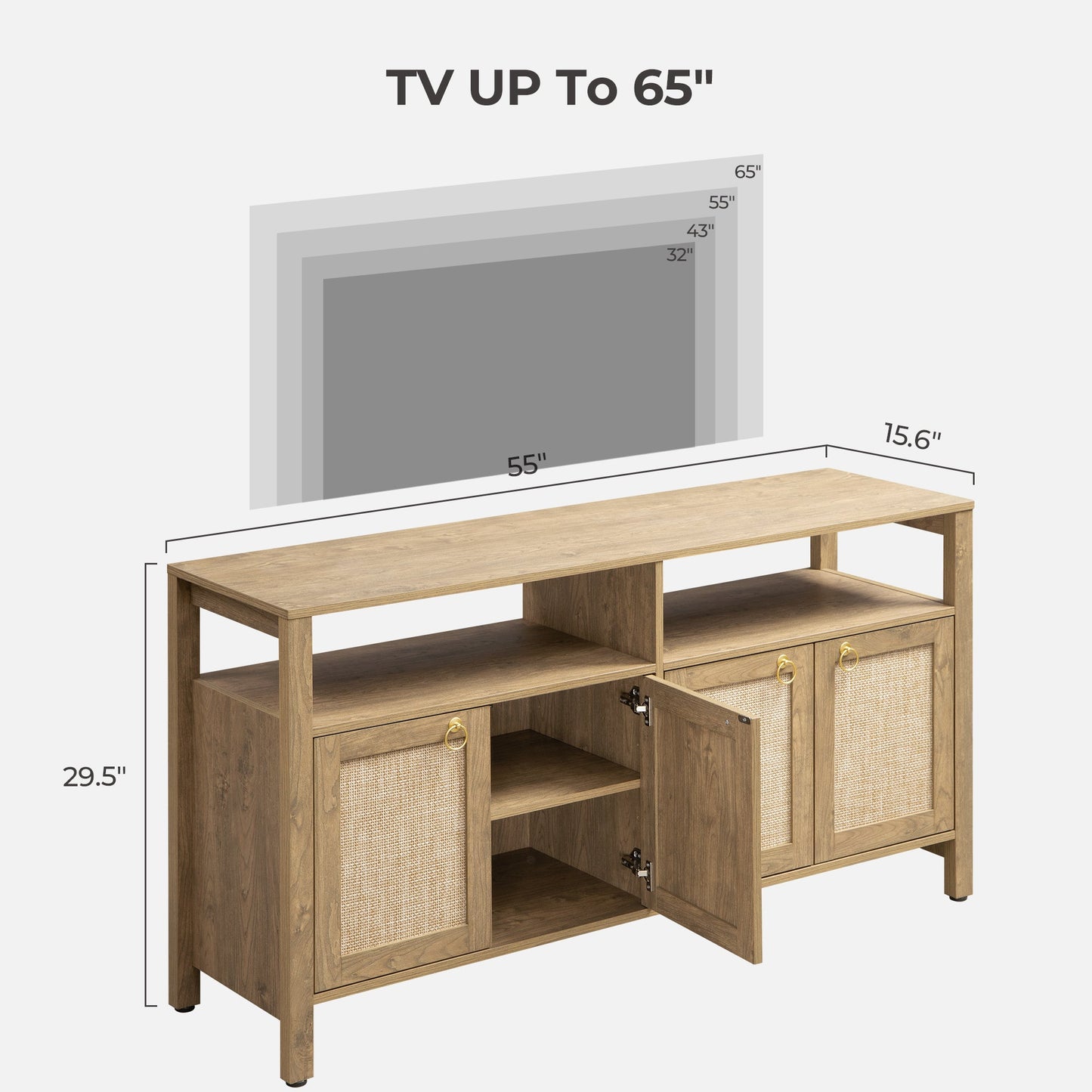 Meuble TV en rotin SICOTAS pour téléviseurs de 65 pouces, centre de divertissement de 29,5 pouces de hauteur avec 4 portes et étagères réglables, meuble console multimédia Boho avec rangement et étagères ouvertes pour salon, chêne blanc crème-WM
