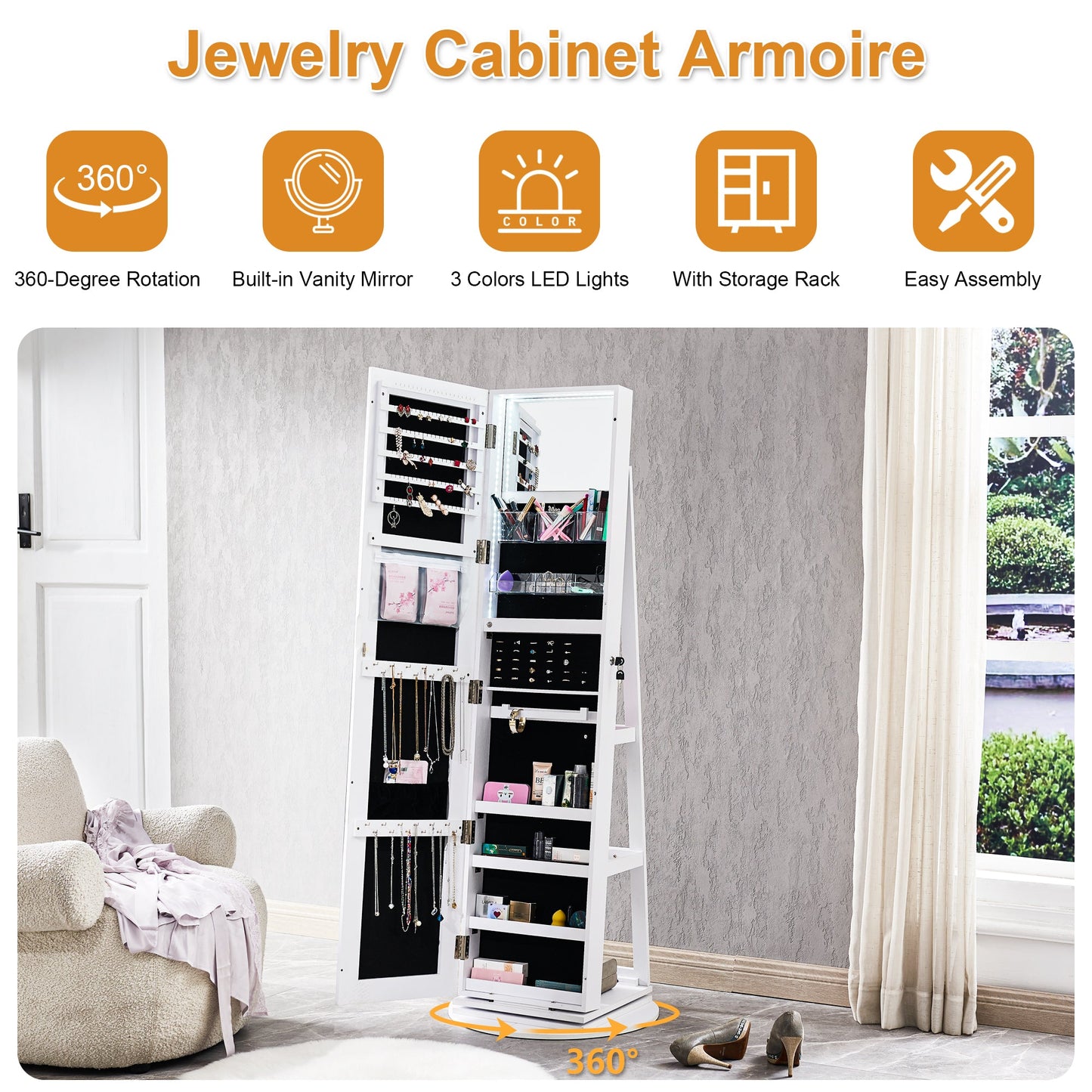 Miroir blanc pleine longueur avec rangement pour bijoux