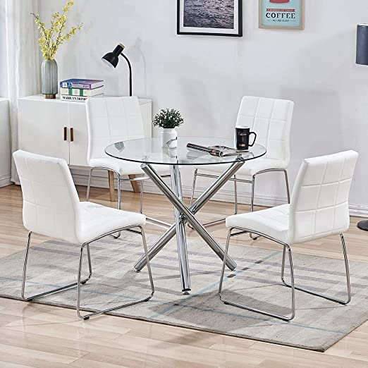 Ensembles de tables à manger 3/5 - Table ronde en verre avec 2/4 chaises