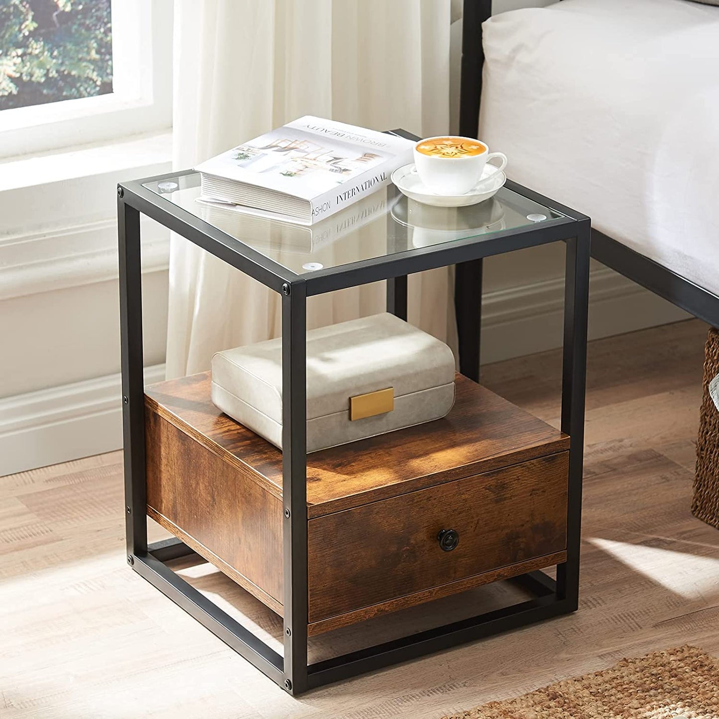 Table d'appoint avec tiroir, plateau en verre trempé