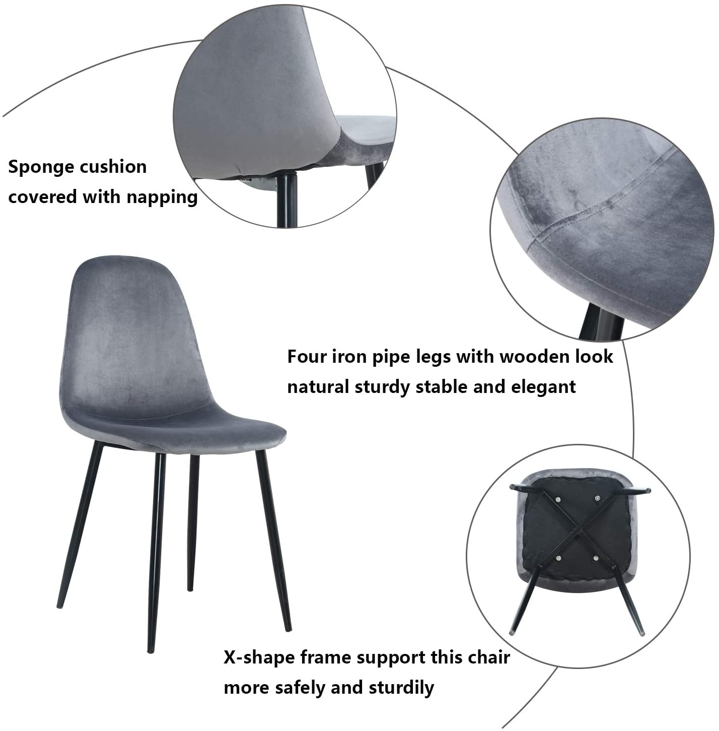 Chaises de salle à manger en velours gris 4 pièces