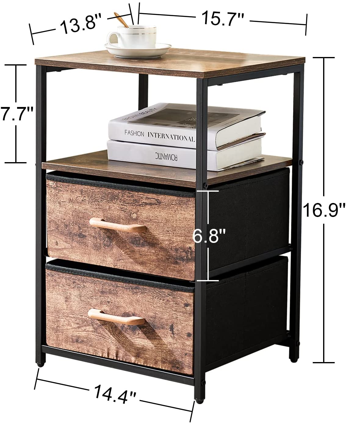 Table d'appoint avec 2 tiroirs en tissu et étagère