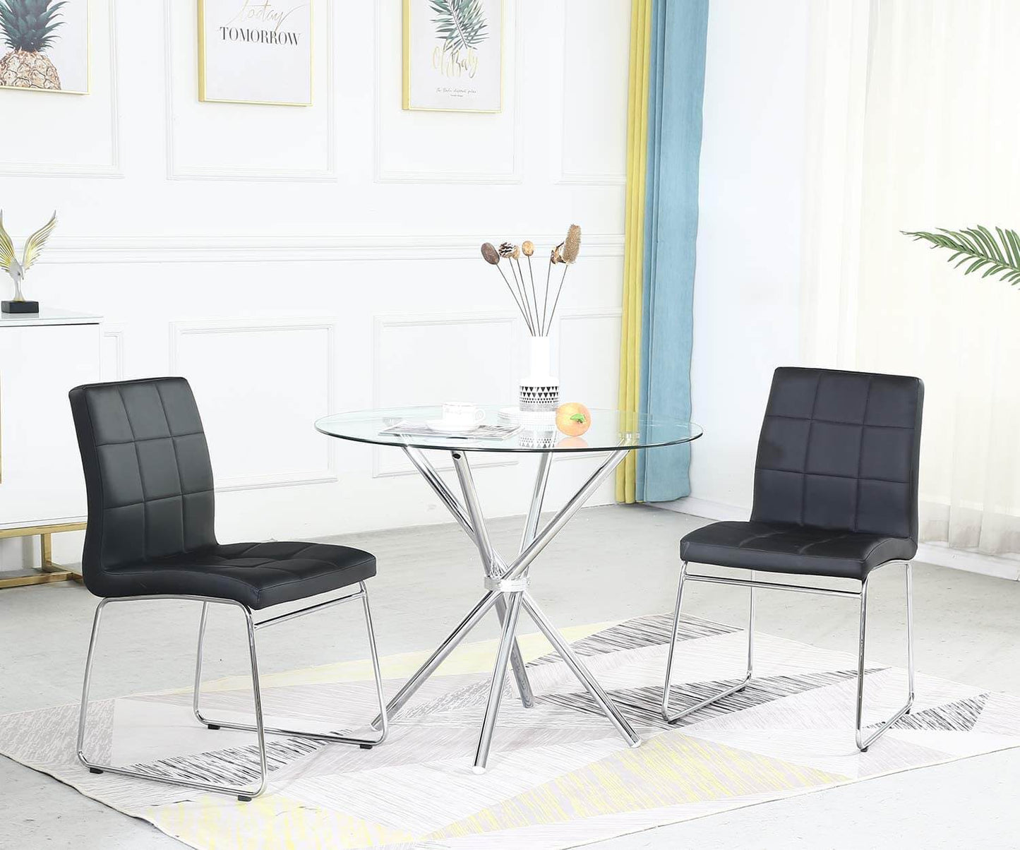 Ensemble de table à manger 3/5 - Table ronde en verre + 2/4 chaises de cuisine