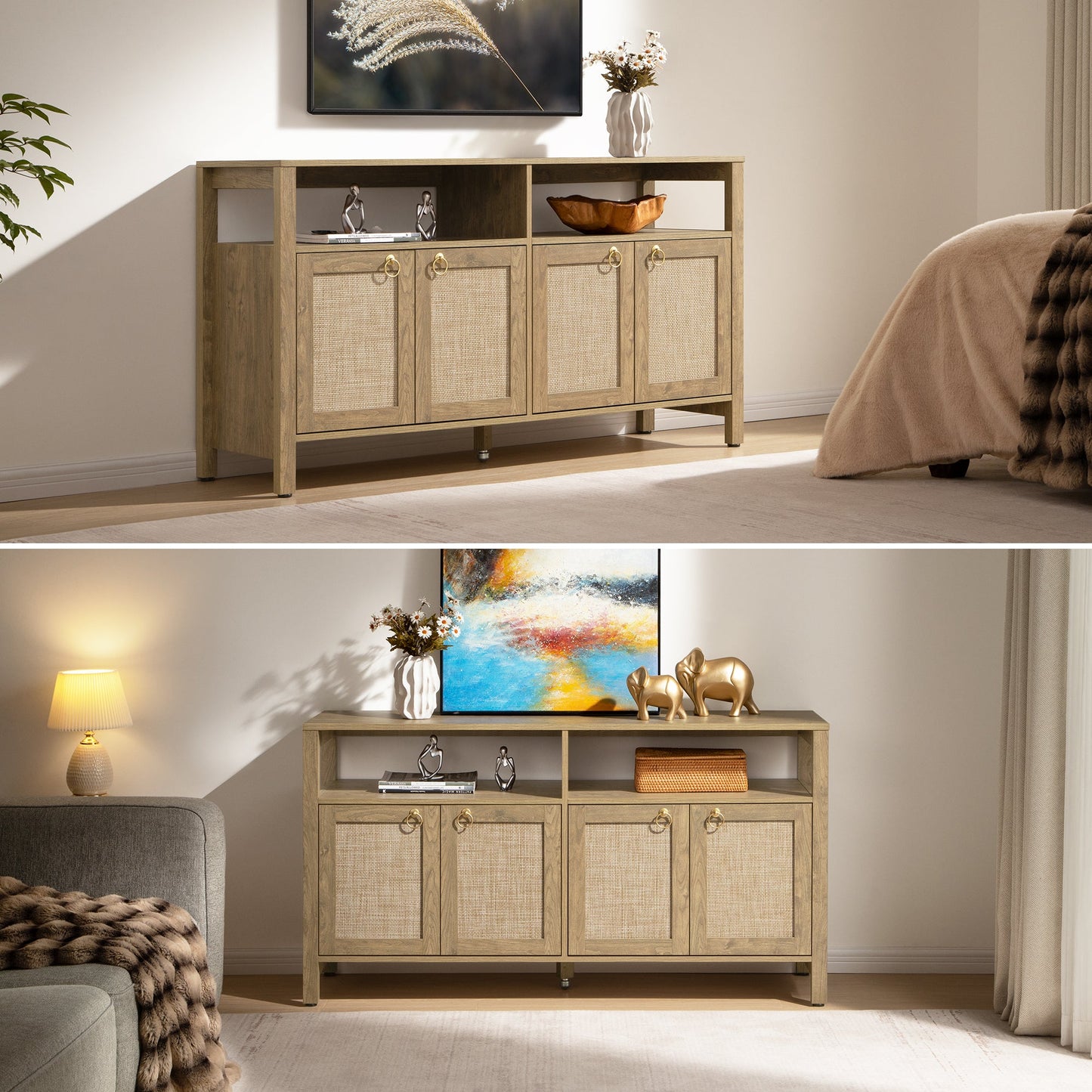 Meuble TV en rotin SICOTAS pour téléviseurs de 65 pouces, centre de divertissement de 29,5 pouces de hauteur avec 4 portes et étagères réglables, meuble console multimédia Boho avec rangement et étagères ouvertes pour salon, chêne blanc crème-WM