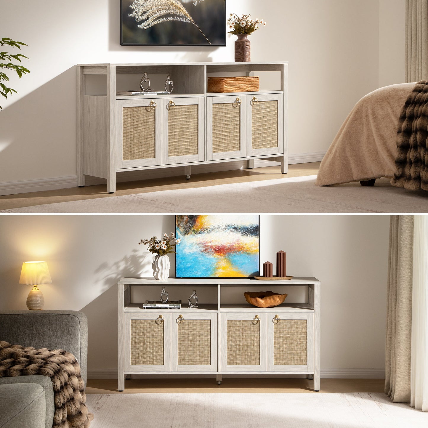 Meuble TV en rotin SICOTAS pour téléviseurs de 65 pouces, centre de divertissement de 29,5 pouces de hauteur avec 4 portes et étagères réglables, meuble console multimédia Boho avec rangement et étagères ouvertes pour salon, chêne blanc crème-WM