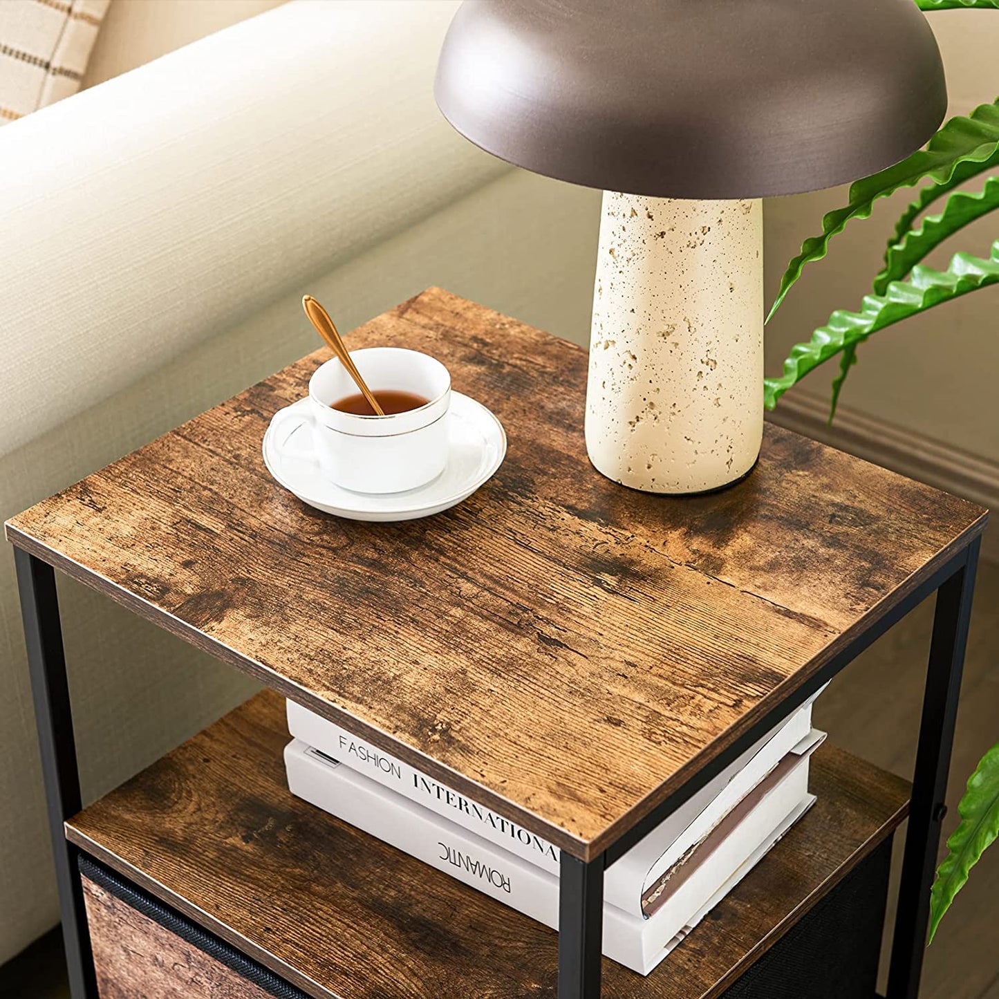 Table d'appoint avec 2 tiroirs en tissu et étagère