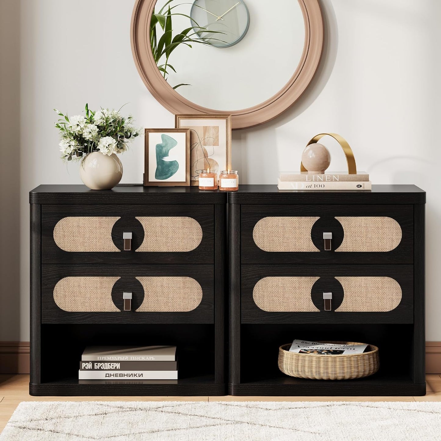 Table de chevet noire avec tiroir, 24 pouces
