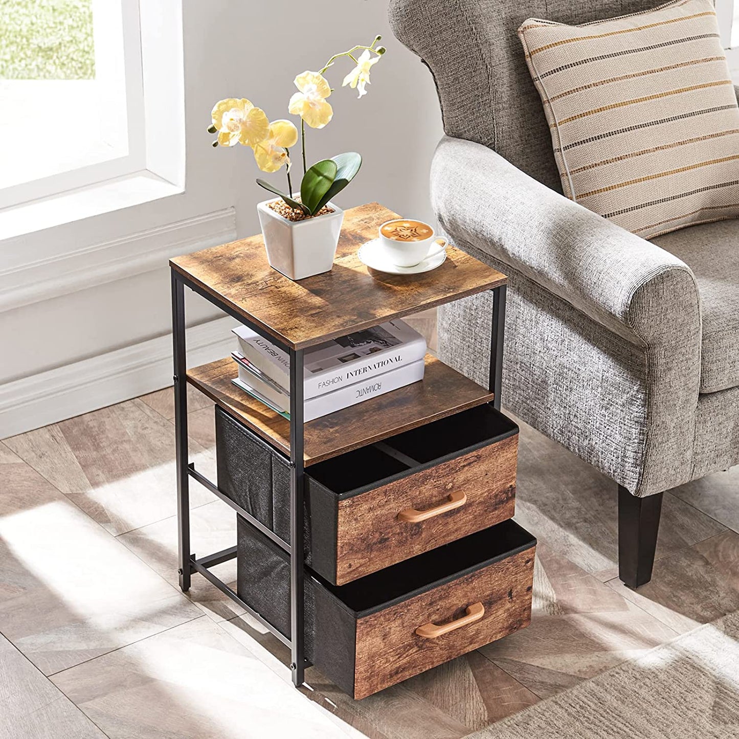 Table d'appoint avec 2 tiroirs en tissu et étagère