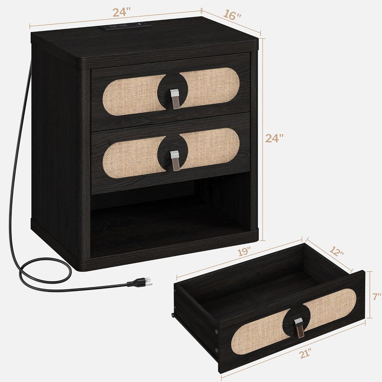 Table de chevet noire avec tiroir, 24 pouces