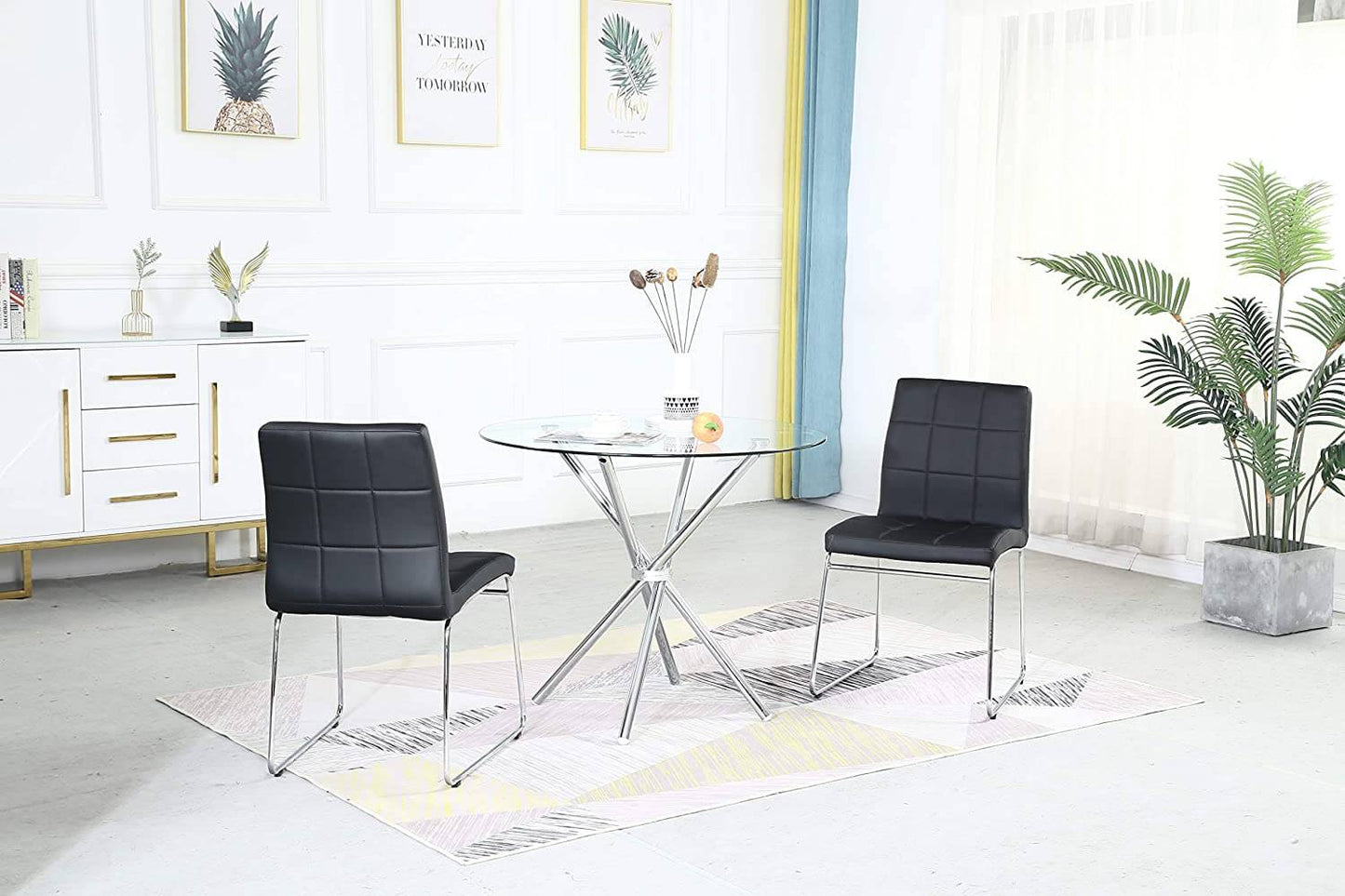 Ensemble de table à manger 3/5 - Table ronde en verre + 2/4 chaises de cuisine