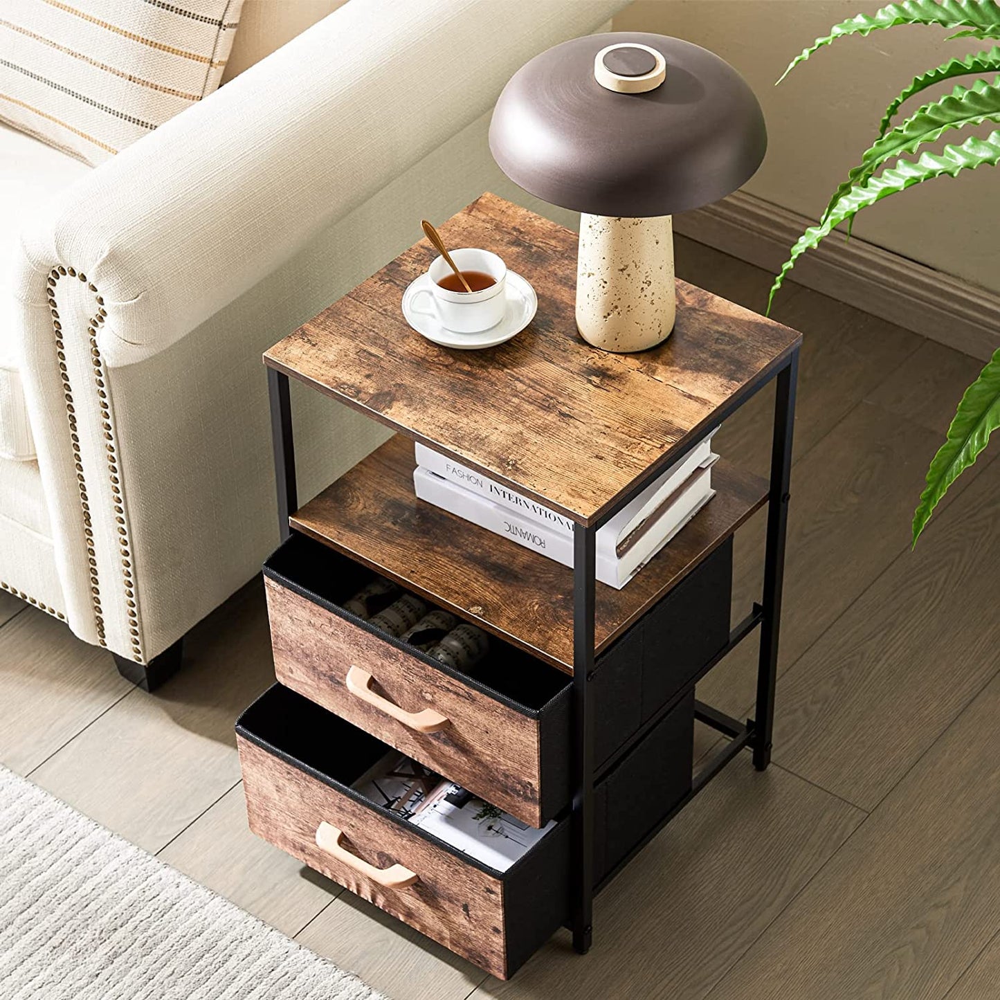 Table d'appoint avec 2 tiroirs en tissu et étagère
