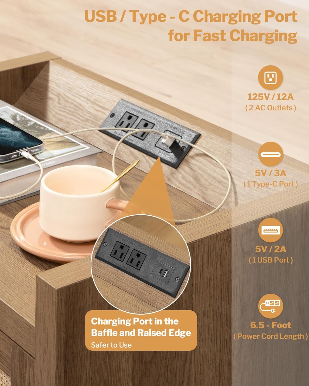 Table de chevet Savanna avec chargeur et commode