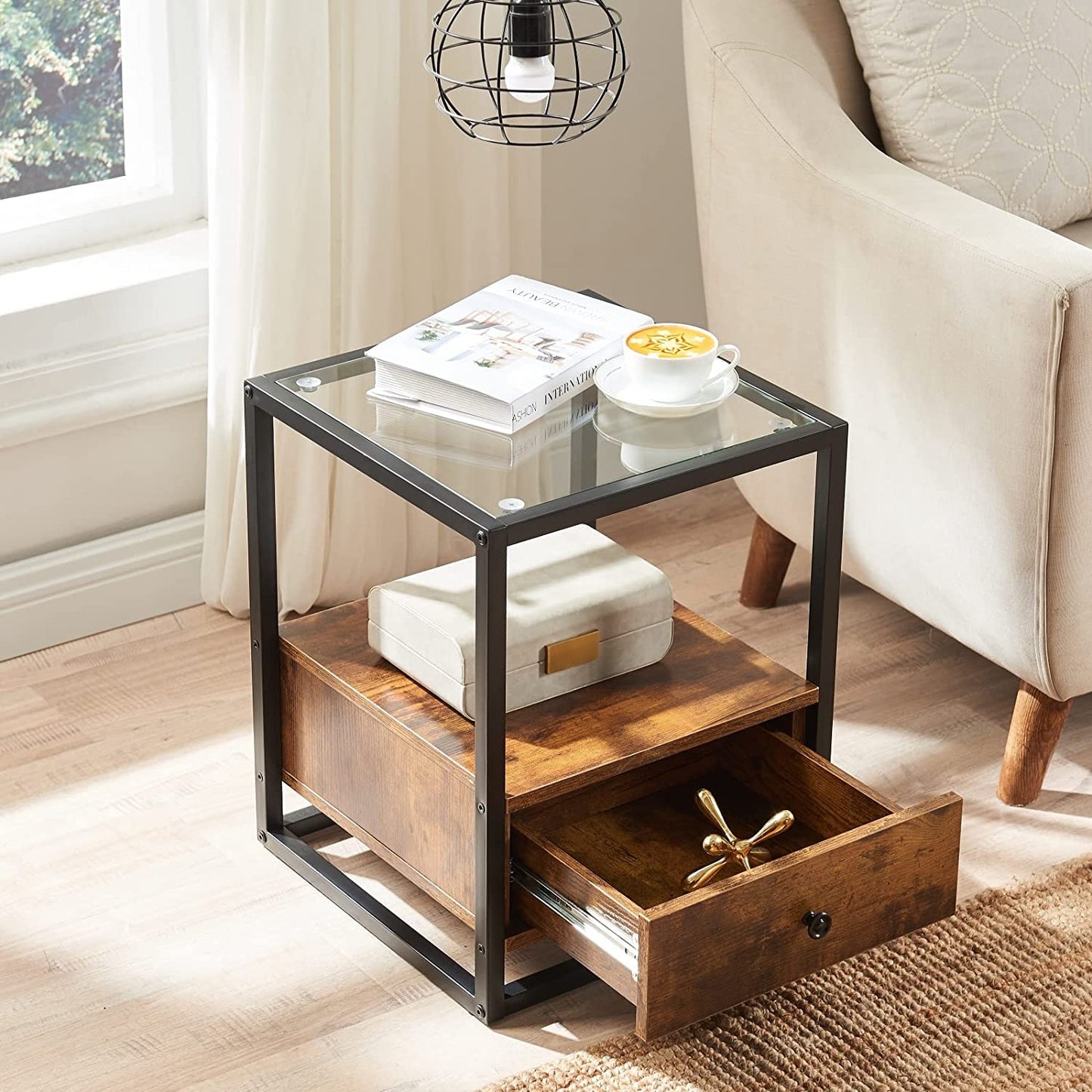 Table d'appoint avec tiroir, plateau en verre trempé