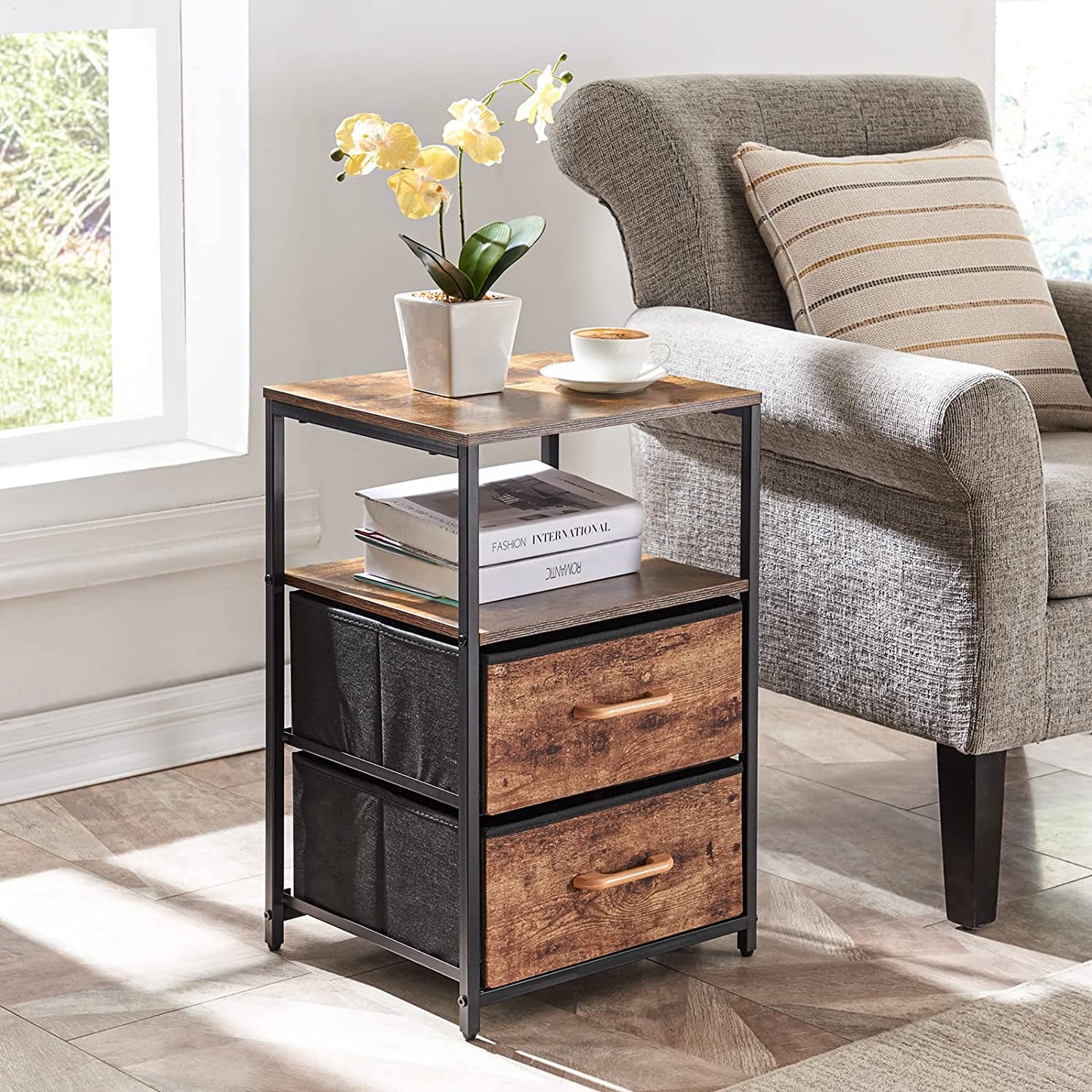 Table d'appoint avec 2 tiroirs en tissu et étagère