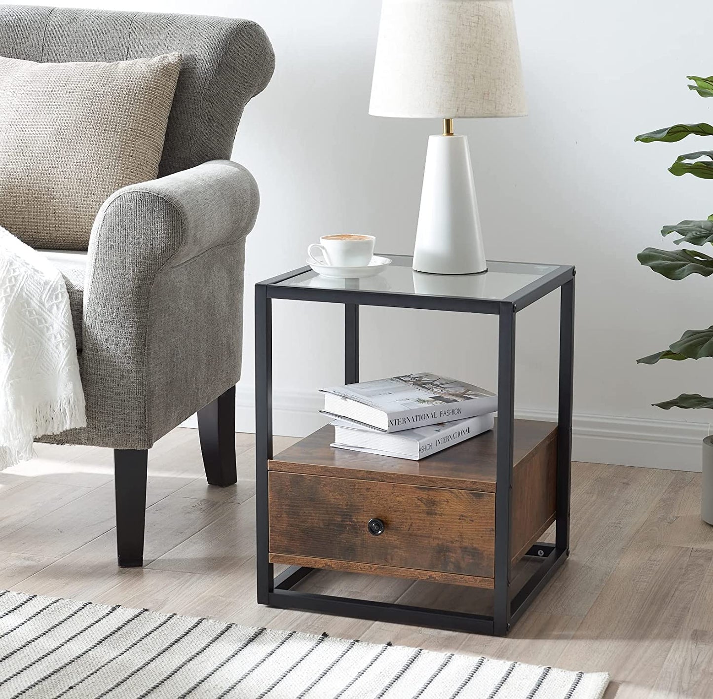 Table d'appoint avec tiroir, plateau en verre trempé