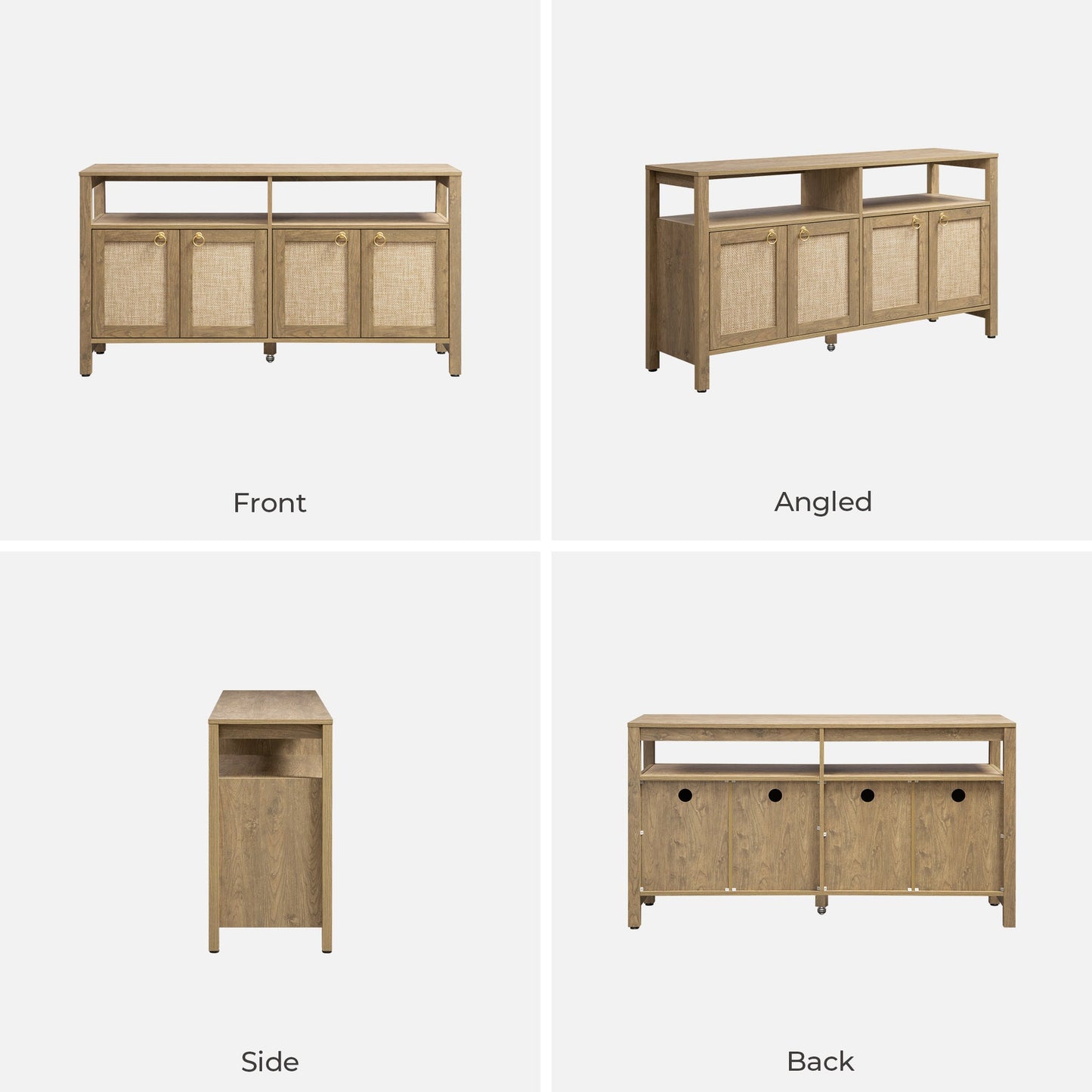 Meuble TV en rotin SICOTAS pour téléviseurs de 65 pouces, centre de divertissement de 29,5 pouces de hauteur avec 4 portes et étagères réglables, meuble console multimédia Boho avec rangement et étagères ouvertes pour salon, chêne blanc crème-WM