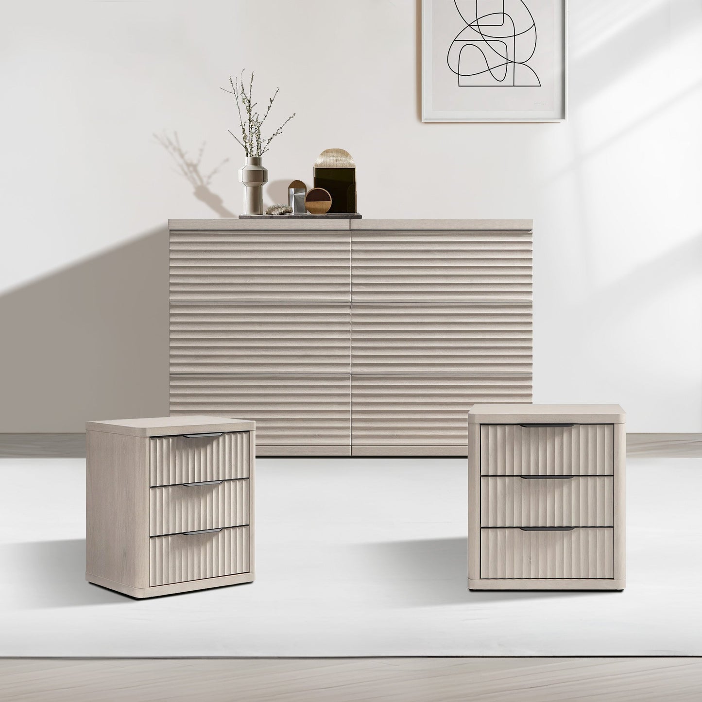Ensemble commode Stria à 6 tiroirs et table de chevet Cas à 3 tiroirs