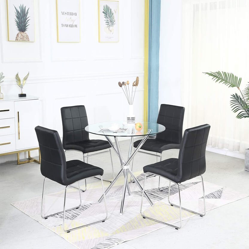 Ensemble de table à manger 3/5 - Table ronde en verre + 2/4 chaises de cuisine