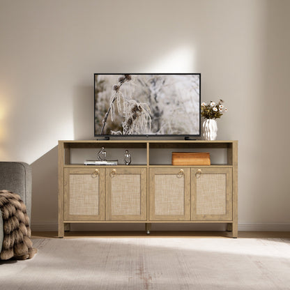 Meuble TV en rotin SICOTAS pour téléviseurs de 65 pouces, centre de divertissement de 29,5 pouces de hauteur avec 4 portes et étagères réglables, meuble console multimédia Boho avec rangement et étagères ouvertes pour salon, chêne blanc crème-WM 