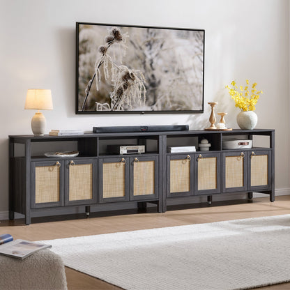 Meuble TV en rotin SICOTAS pour téléviseurs de 65 pouces, centre de divertissement de 29,5 pouces de hauteur avec 4 portes et étagères réglables, meuble console multimédia Boho avec rangement et étagères ouvertes pour salon, chêne blanc crème-WM 