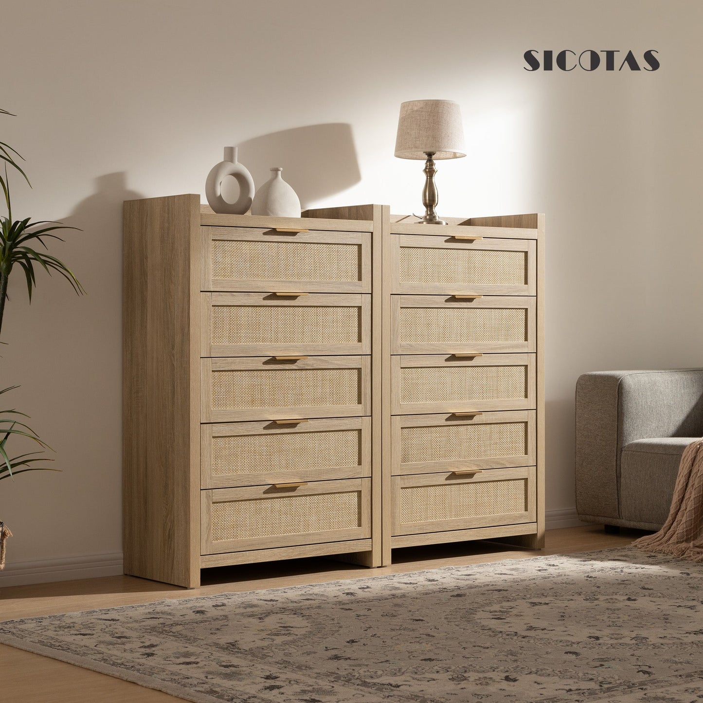 Commode en rotin Savanna, 5 tiroirs 